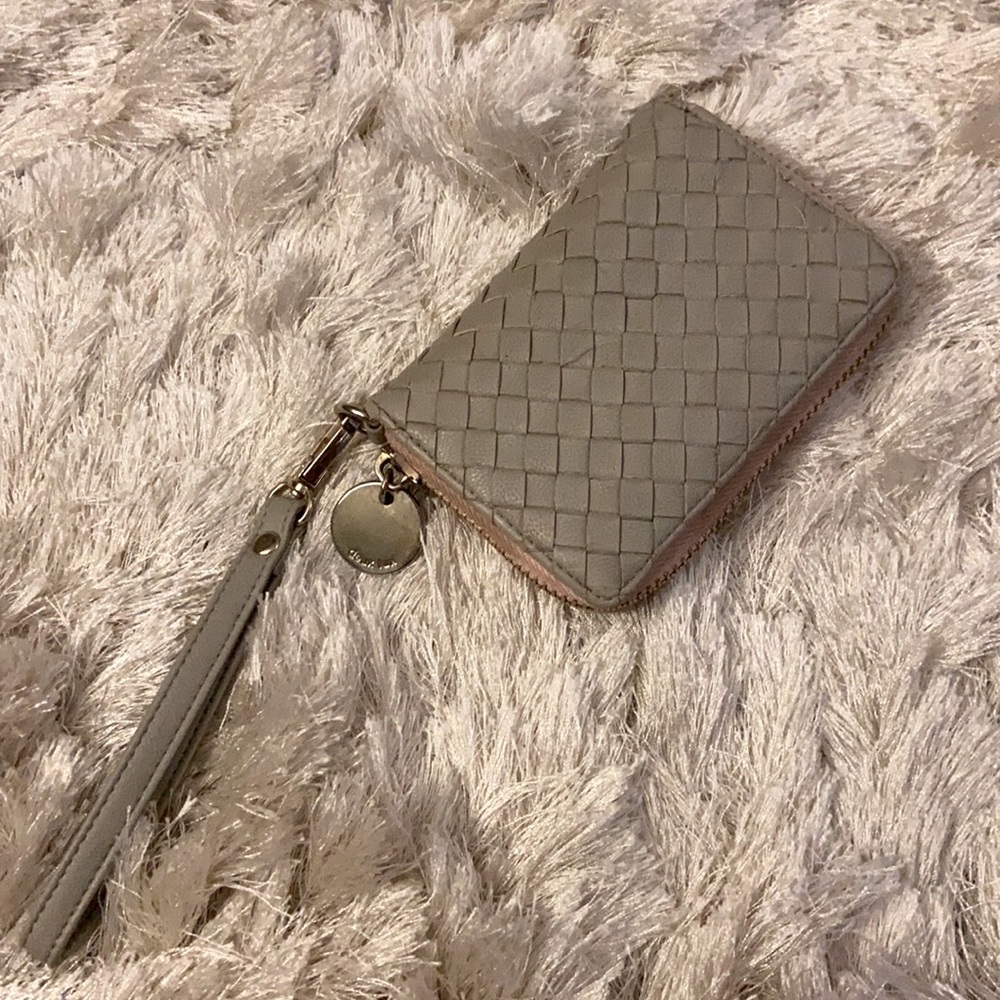 Gray pink and gold wristlet wallet